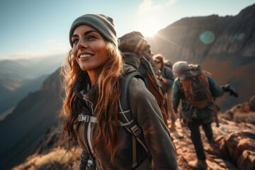A diverse group of hikers reaches the summit of a challenging trail, their shared achievement and exhausted smiles capturing the camaraderie of conquering obstacles together.  Generative Ai. - obrazy, fototapety, plakaty