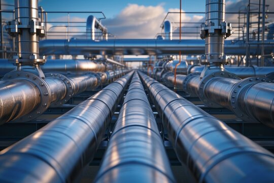 Vast pipes soar into the sky, a symbol of industrial might and precision engineering within the steel walls of a factory building