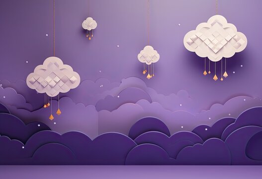 a purple muslim message with cloud hanging on purple paper background stock