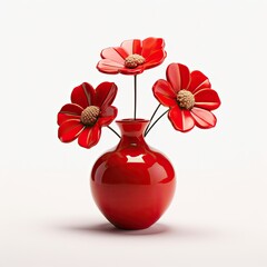 Red ceramic red flowers vase isolated on white background