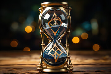 Fototapeta na wymiar A sophisticated hourglass icon, adorned with ornamental details, symbolizes the passage of time and the strategic management of resources. Concept of time-sensitive decision-making. Generative Ai.