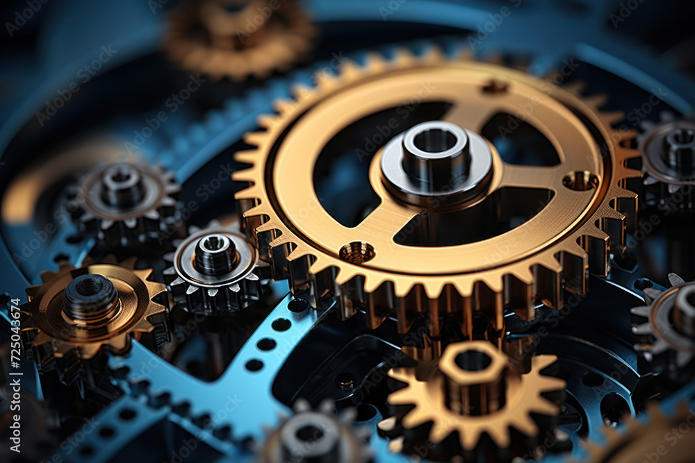 Poster a series of stylized gears meshing together illustrates the seamless integration of technology in a 