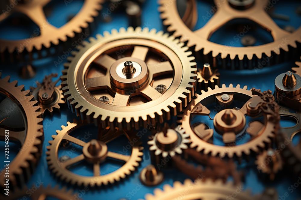 Poster a series of interconnected cogs represents the intricate workings of a successful business machine, 