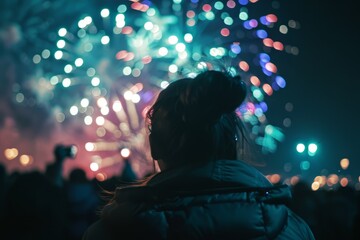 Close-up of a girl with their backs turned watching fireworks