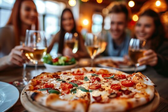 Close-up of pizza and behind it a group of friends with wine glasses ready to eat