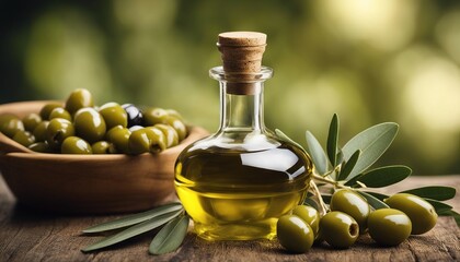 a bottle of olive oil and olives
