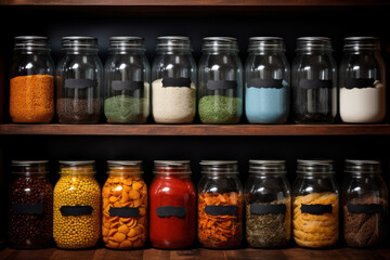 A neat array of labeled jars in a pantry embodies the idea of order in kitchen organization and storage. Generative Ai.