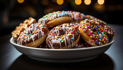 Freshly baked chocolate donut on blue crockery generated by AI