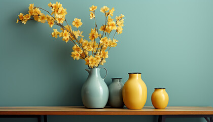 Wooden table with vase of yellow flowers, rustic and elegant generated by AI