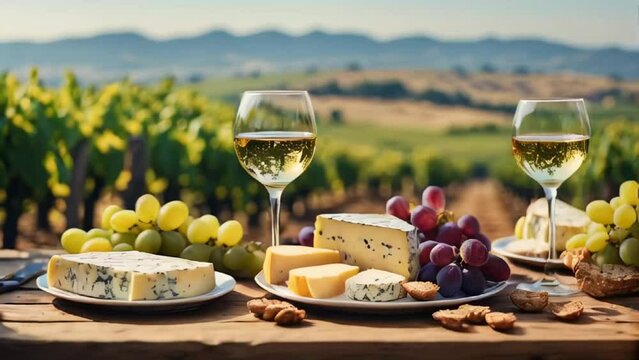 Various sliced cheeses on plates, fresh grapes, glasses of wine stand on the table against the backdrop of a vineyard