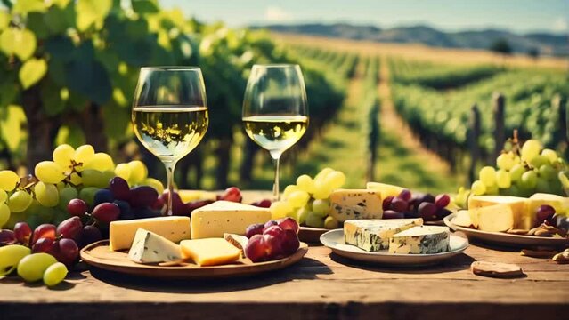 Various sliced cheeses on plates, fresh grapes, glasses of wine stand on the table against the backdrop of a vineyard