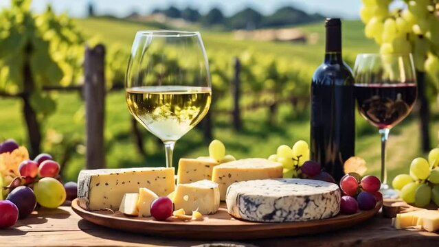 Various sliced cheeses on plates, fresh grapes, glasses of wine stand on the table against the backdrop of a vineyard