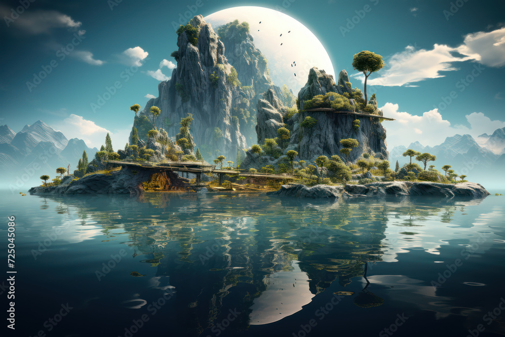 Poster a surreal, abstract landscape with floating islands and dreamlike elements, creating an imaginative 