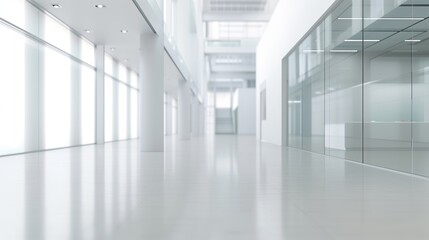 A Spacious Gallery Bathed in Natural Light and Reflective Surfaces, An Empty Art Gallery Displaying Framed Artworks in Bright, Reflective Ambiance