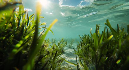 Fototapeta na wymiar Seagrass, marine plants, view of green oceanic vegetation moving softly under sea, suns rays coming through. Coastal resilience of seagrass meadows, ecosystems. Biodiversity, seafloor. Sand.