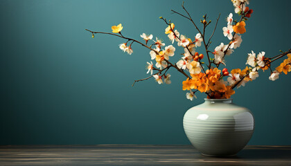 Freshness of springtime blossoms on wooden table, nature decoration generated by AI