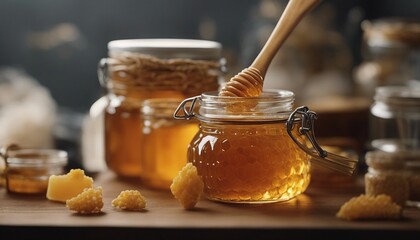 a jar of strained honey and honeycomb decor
 - Powered by Adobe