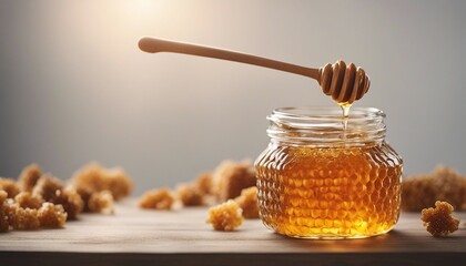 a jar of strained honey and honeycomb decor
