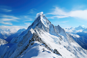 A snowy mountain peak against a clear blue sky, offering a serene and majestic background for text associated with winter and mountain adventures. Generative Ai. - Powered by Adobe