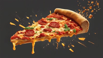 a piece of pizza slice, exploding ingredients and melting cheese
 - obrazy, fototapety, plakaty