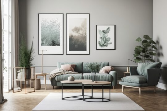 a mockup picture frame hanging in the living room, lovely and cozy furnishings and decorations inside with a pine tree,