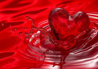 A red glass heart being dropped into red liquid