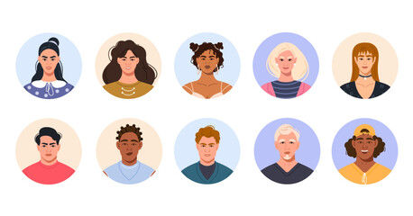 The faces of modern stylish people of different nationalities in circles. A set of avatars, portraits of female and male characters. Bright vector illustration in a flat style