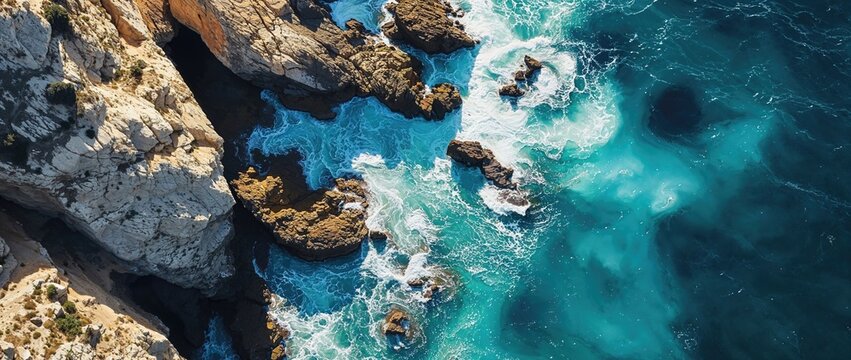 Dramatic Overhead Shot of Rugged Coastline. Natural Wallpaper, with Coastal Rocks and Crashing Waves.