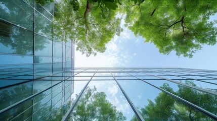 Sustainable green building. Eco-friendly building. Sustainable glass office building with tree for reducing carbon dioxide. Office with green environment. Corporate building reduce CO2. Safety glass.