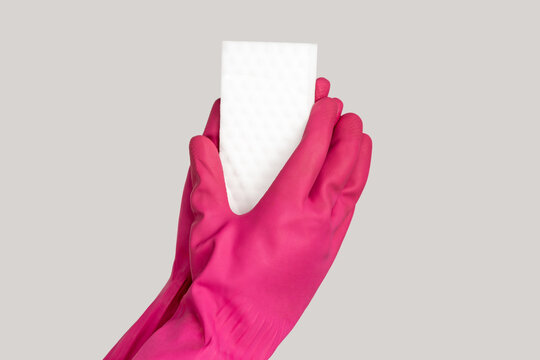 Closeup of woman hand in pink rubber glove holding dish washing white sponge cleaning service. Indoor studio shot isolated on gray background.