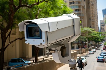 City traffic camera capturing speeding vehicle for speed control and enforcement