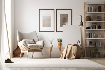 A comfortable Scandinavian style room with a white wall backdrop, an armchair, books, a picture frame, and a rug