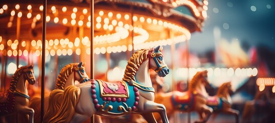 Dynamic close up of a captivating carousel in vibrant motion with lively details and vibrant lights.