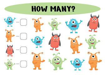 Obraz na płótnie Canvas How many monsters? Mathematical game for preschoolers. Counting game for preschool children. Educational math game. Vector illustration