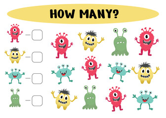 How many monsters? Mathematical game for preschoolers. Counting game for preschool children. Educational math game. Vector illustrationon