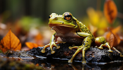 A cute toad sitting on a wet leaf generated by AI