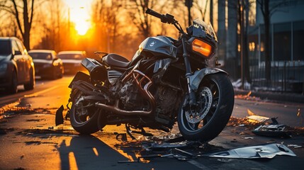 Close up of a motorcycle accident scene on the road with emergency response and traffic congestion - obrazy, fototapety, plakaty