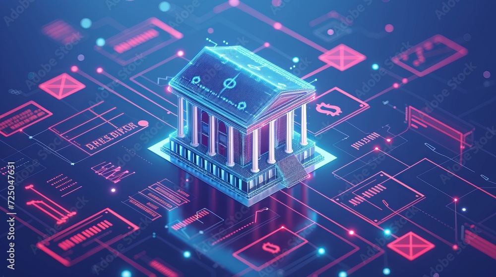 Poster futuristic interactive holographic icons of shining banking instruments floating in the air