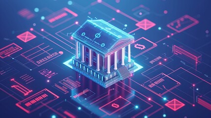 Futuristic interactive holographic icons of shining banking instruments floating in the air