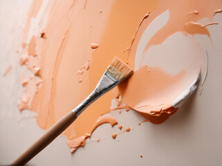 Close-up brush mixes paints in peach
