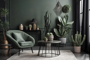 Gray apartment interior with green armchair and imitation table between plants and lamp