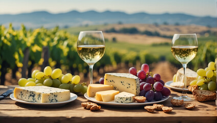 Various sliced cheeses delicacy  on plates, fresh grapes, glasses of wine stand on the table...