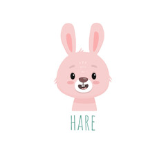 cute cartoon bunny. Animal in flat style. Hare head for cards, magazins, banners. Forest animal. Vector illustration 
