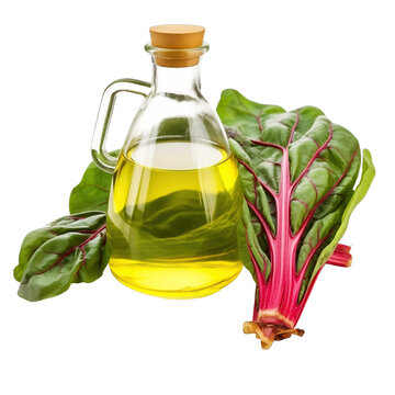 fresh raw organic swiss chard oil in glass bowl png isolated on white background with clipping path. natural organic dripping serum herbal medicine rich of vitamins concept. selective focus
