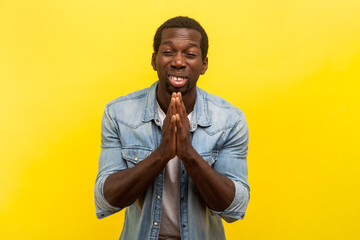 Portrait of pleading man standing with palms together praying having problems asking to forgive apologies, wearing denim casual shirt. Indoor studio shot isolated on yellow background. - obrazy, fototapety, plakaty