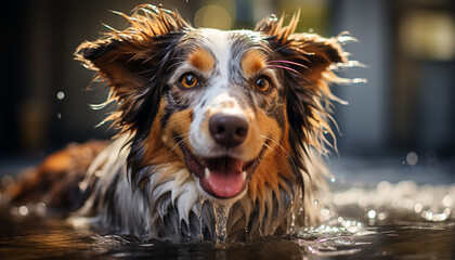 Cute puppy sitting outdoors, wet and playful, looking at camera generated by AI