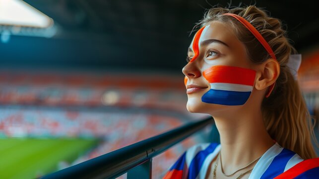 Dutch woman with netherlands flag face paint cheering at sports event with stadium background