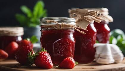 fresh strawberry jam, on the decorated kitchen counter
