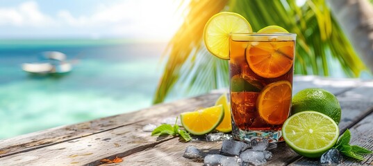 Tropical long island iced tea cocktail with blurred beach background and copy space