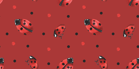 Lady bugs watercolor seamless pattern. Hand drawn red insects on white background. Summer, spring. For textile, fabric, napkins, wallpaper. Red background